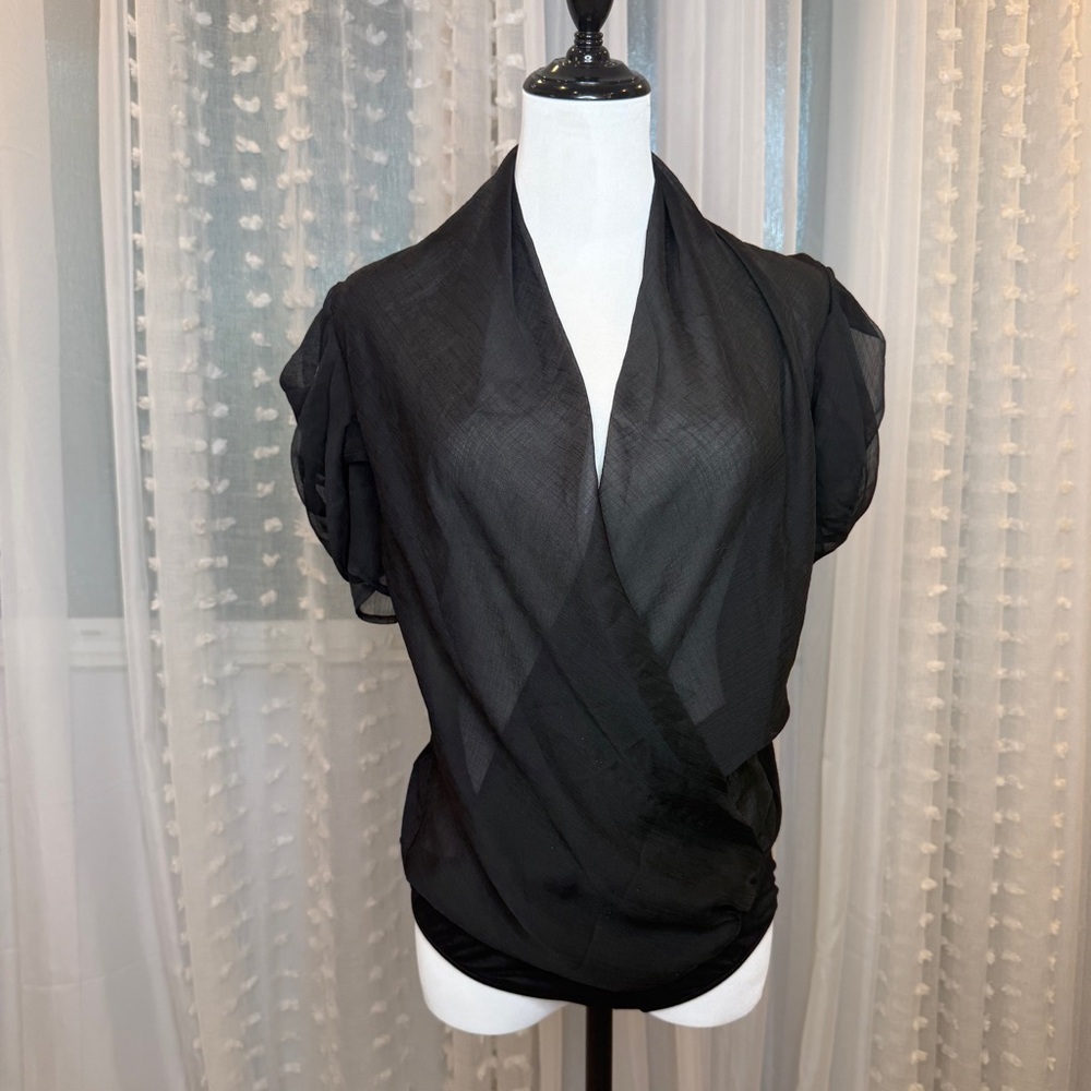 Chic Black Sheer Wrap Blouse Bodysuit